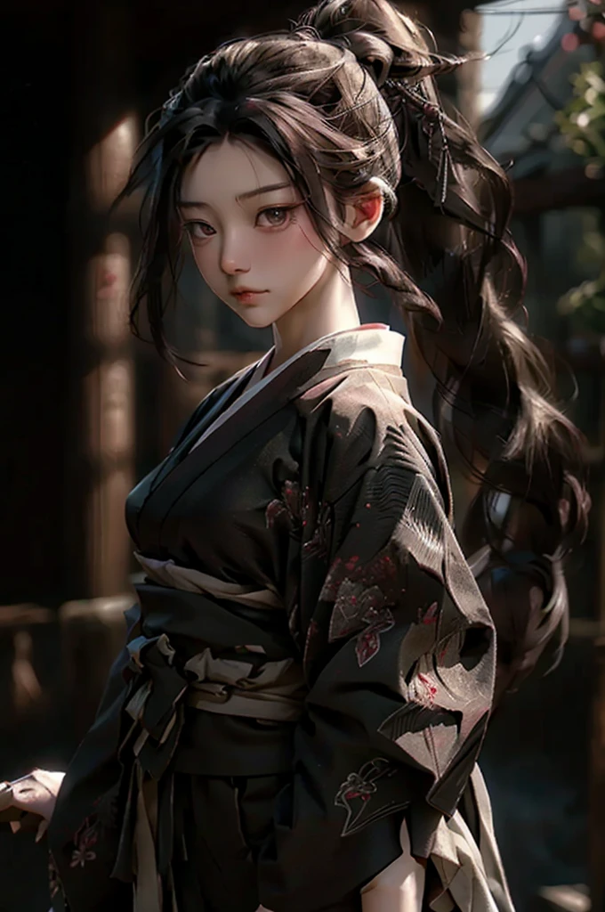 masterpiece、Highest quality、超High resolution、Realistic skin texture、黒いWearing a Japanese kimono and hakama、(He has a long sword on his waist.:1.2)、Realistic、High resolution、RAW Photos、Shine肌、Realistic skin texture、Best lighting、Shine、Dramatic lighting、Dynamic pose、Under the Moonlit Night、Maid、One woman、Balanced Eyes、Wearing a Japanese kimono and hakama、Long ponytail、black eye、Looking at the audience、 Big Breasts、Big Ass、