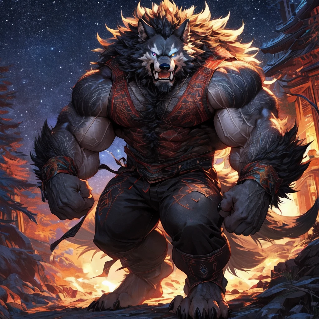 hairyMuscle Werewolf只穿裤子, hairy art, Muscle Werewolf, High Resolution Committee, Full Body Committee, Exquisite eyes, Eye color is blue., hairy color black, hairy anime, Fluffy Arts Council, hairy fleurna, Gorgeous Werewolf Flsona, hairy, One-handed waist, hairy art, The expression is intense, Proud, 1 boy, a long hairy wolf tail with fangs in the mouth, Staring at the screen, Sharp claws, Two Legs, Stand on both feet, Werewolf, Characters in Tekken, Art in Fulson, background, A small path in the forest at night。Starry Sky