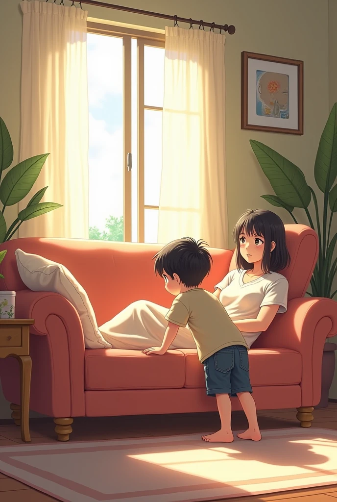 A boy enters a room, and sees his mother sitting on the couch in anime style