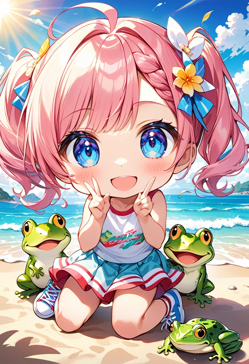 Highest quality、High resolution、Detailed Background、Beautiful face in every detail、Anatomically correct、Detailed facial expressions、fine grain、((full body, from below:1.2, looking viewer:1.2)), break ((One Girl:1.2)、((Chibi Girl:1.2)))、Bright pretty hair color、Big beautiful blue eyes、Fuller lips、Pink Lips、Braided twintails、Ahoge、(Commemorative photo in front of a new car:1.2、Several sisters huddle together in the center.:1.2)、(Cute sleeveless T-shirt、Cute Skirt、Cute sneakers、Cute hair accessories)、break ((V sign、Cheerful pose:1.2、Smiling for a commemorative photo、They are sisters and get along well.))、((The background is a calm beach.、Midsummer sun and clouds、Pleasant breeze、Strong sunlight))、(The frog is jumping:1.2)
