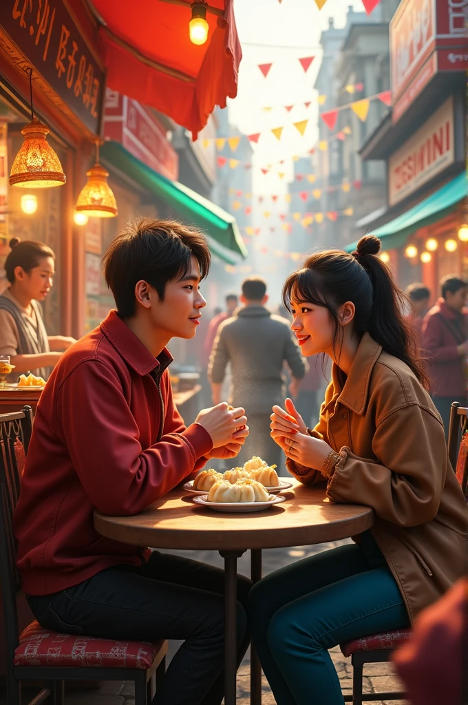 A couple in a street food area eating momos
