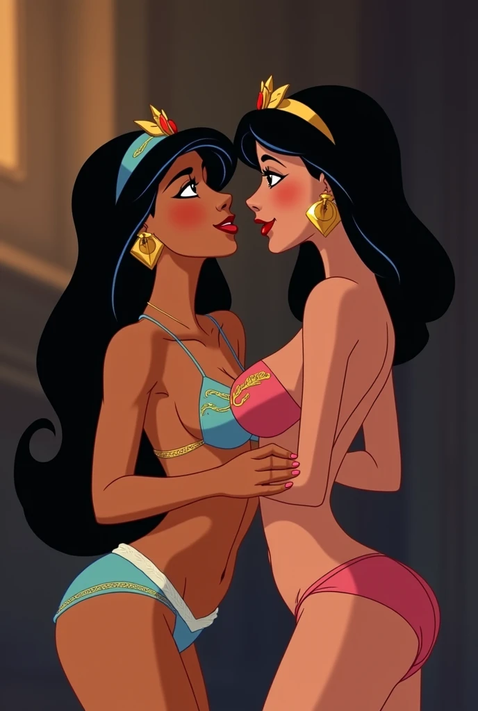Princess Jasmine having lesbian sex with Jessica rabbit. Neither of them are wearing any clothes, completely naked scissoring each other.