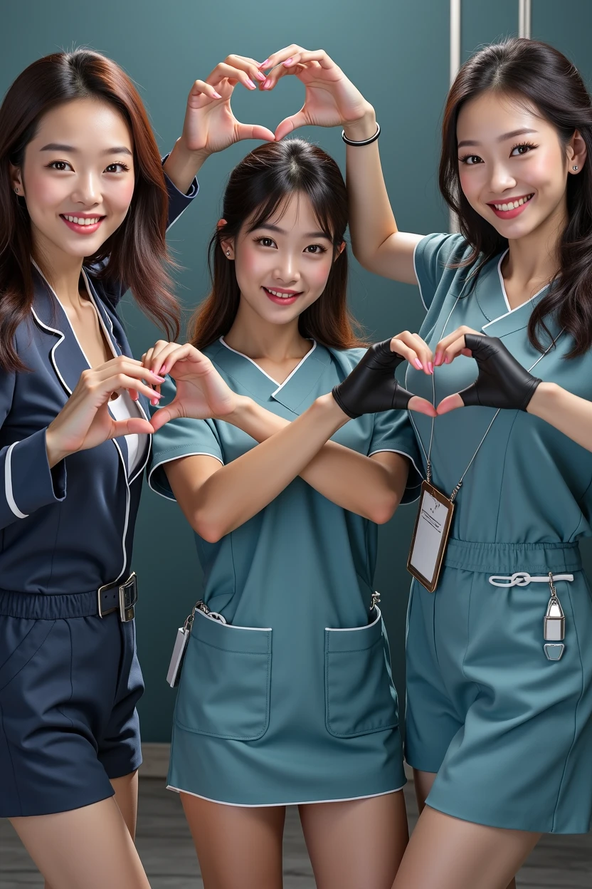 photograph, cowboy shot, three women with hands together making heart shape, smiling beautiful Japanese female nurses wearing nurse uniform, hourglass figure, beautiful detailed face, black hair, pale skin, fair skin, realistic skin, detailed cloth texture, detailed hair texture, Perfect proportion, Anatomically correct, Highly detailed face and skin texture, private modern hospital room, looking at viewer, asian face , perfect anatomy, realistic