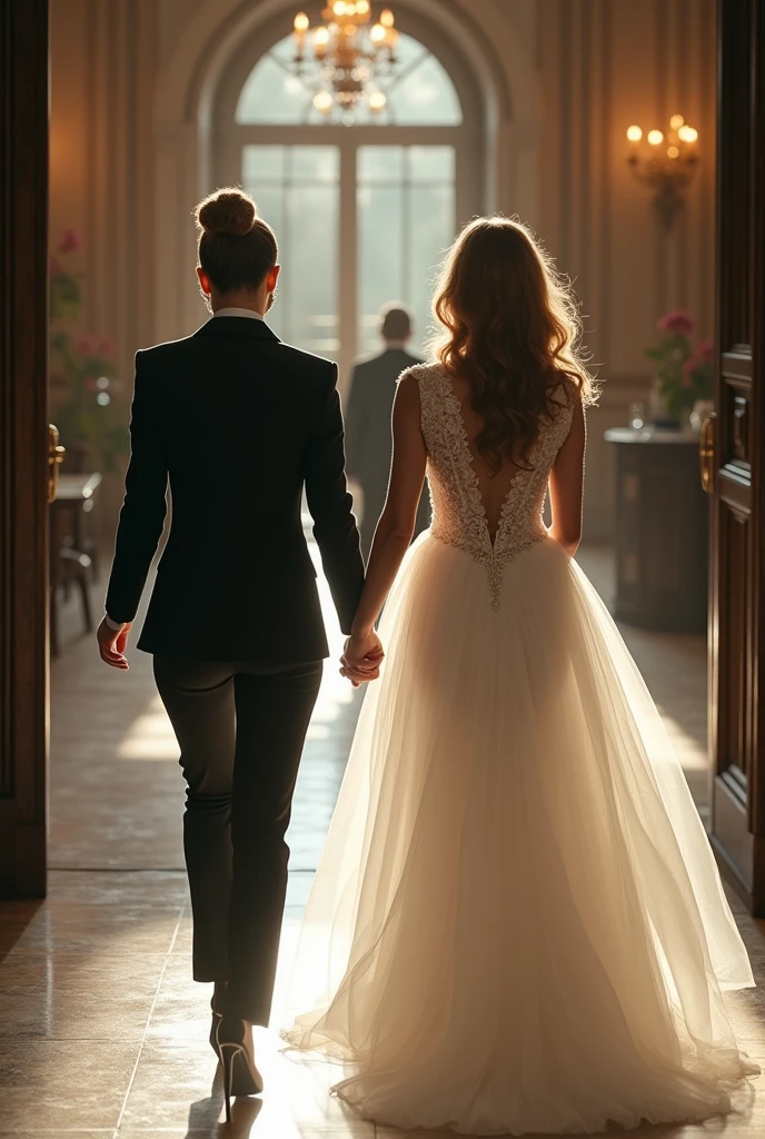 There are 2 women. One of them is wearing a black suit. The other woman is wearing a fluffy white wedding dress. They pass into the large hall. The first woman tied her hair up