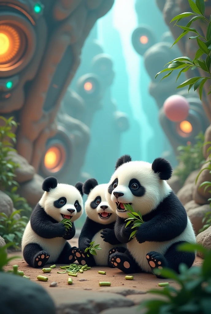 A group of pandas are eating bamboo stalks in an astronaut-themed atmosphere.