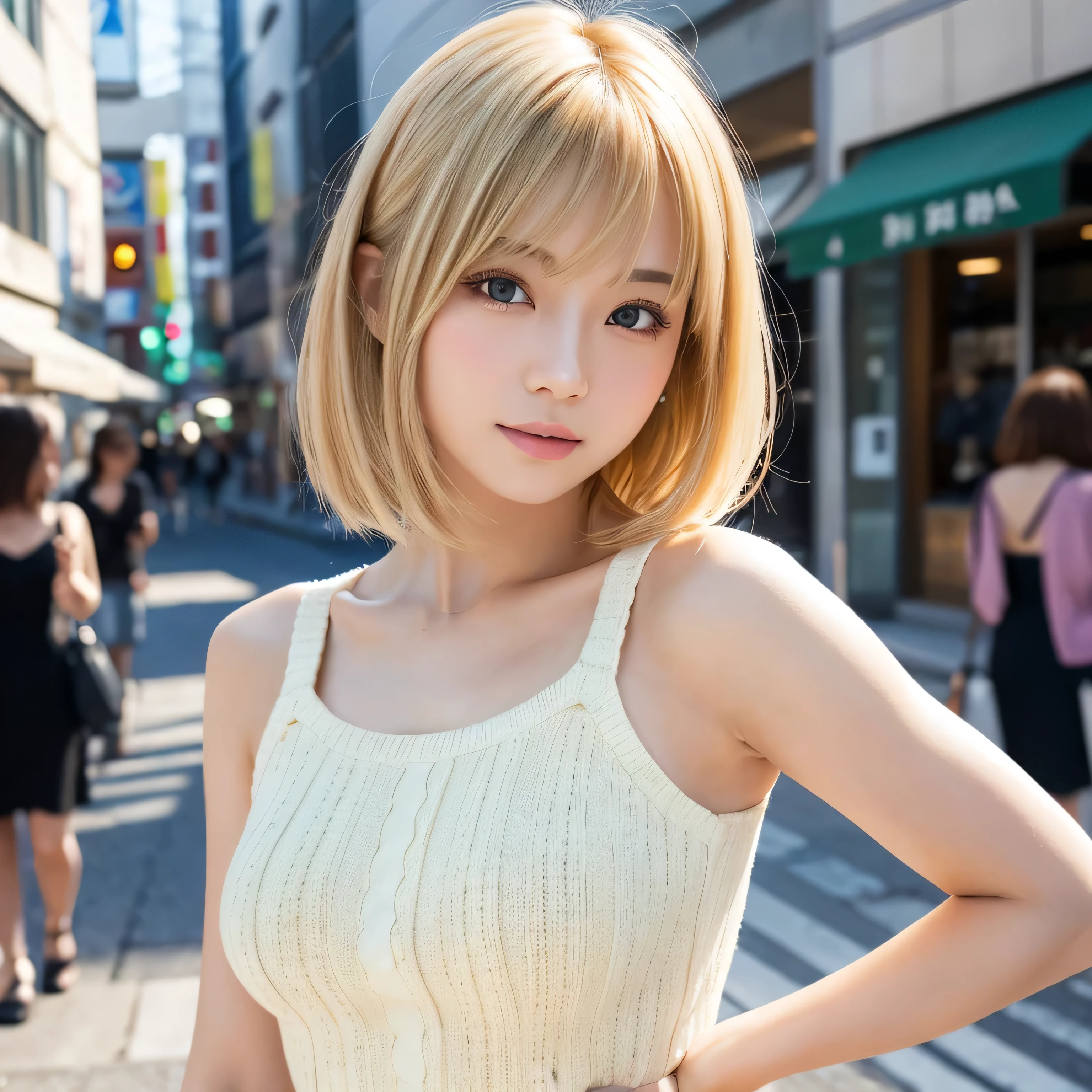 masterpiece, 1 beautiful girl, detailed eye, puffy eyes, top-quality, ultra high resolution, (8K), (reality:1.4), daytime, at street, cinematic lighting, asian beauty, super beauty, beautiful skin, body facing forward, (hyper-realistic), (highly detailed), (beautifully detailed eyes), detailed face, bright lighting, professional lighting, looking at viewer, facing straight ahead, cream knitted dress, light blond hair, bangs, short bob hair, green eyes, Japanese idol, Korean idol, gravure idol pose, (accurate anatomy:1.1),