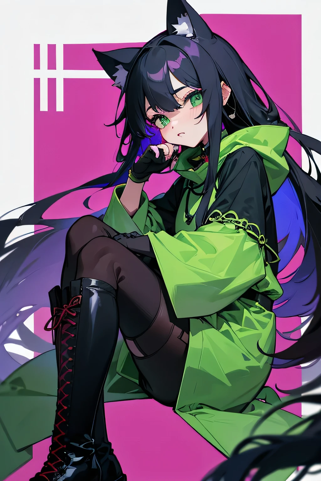 1. **Oversized hoodies**: - Oversized hoodies that can be worn with the hood pulled low。If there is a cat ear design inside the hood、Cat devilish look。 - Sleeves are too long and hide hands、A little raggedy is good。Colors are dark gray and black。 6. **Baggy pants and short top**: - Large, baggy pants。The waist doesn't fit、Dragging feeling on the waist。 - Top is a small cami、Cat silhouette printed on the chest。 High socks and knee-high socks: Knee-high socks、Or knee-high socks。One side is slightly off design、Casual look。 Colors are black and dark green、It's good if there are ragged parts or a hidden cat silhouette design。 Lace-up arm covers: Long arm covers covering from elbow to wrist。Lace-up design、Fits the arm but slightly oversized。 Colors are black and dark purple、Jade green embroidery is included、Matches the character's hair color。 Lace-up boots: Knee-length lace-up boots。Boots have a slightly aged look、Scratches like claw marks。 Colors are dark brown and black、Jade green embroidery is applied on the side of the boots。 garter shorts with garters: Shorts slightly larger in size、 design with garter。garter extending along the legs、Effective when combined with tights or leggings。 Colors are black and deep purple、Hidden cat paw print design。 Fishnet Gloves: Fishnet gloves that show fingertips。A design modeled after cat claws is on the wrist、A little torn。 Colors are black and deep purple、There are parts that are subtly repaired with jade green thread。 Irregular shaped earrings: large Irregular shaped earrings in one ear。Design inspired by cat eyes、Jade green gems are used。 On the other ear、Attaching multiple small stud earrings or rings、The imbalance brings out the character's unique charm。 A little something extra Eye makeup: Finish the eyeliner with cat eyes、Use dark eyeshadow to create shadows。Wear jade green contact lenses in the eyes、Gives sharpness to the eyes。 Adding a black sticker tattoo to the eyes like a cat's whiskers is also interesting。 Hair styling: Hair is set loosely、Creating a cat ear-like bundle increases the character's resemblance。Emphasize the jade green mesh part、Place on the bangs or side。 Making it a little messy、Quiet and shy Casual look。 Nail design: Long nails、Design using black and jade green nail polish。Draw thin lines inspired by cat claws or fangs、Finish with a slightly irregular design。 Matte finish makes、The character's inky character stands out。 Tattoo hidden on the back: Cat silhouette peeking from the gap in the clothes、A tattoo modeled after the devil's symbol is on the back。Usually hidden but、Place it in a position that can be seen slightly when moving。 Jade green ink、It's also effective to make it shine faintly。