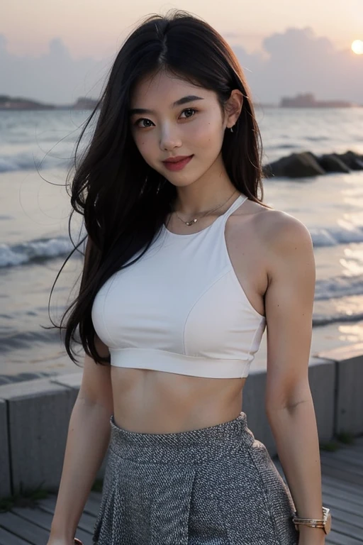 A beautiful girl,18, black violet hair, round face, pump body, smile, white crop top, black short skirt,walk in the seaside, watch sunset