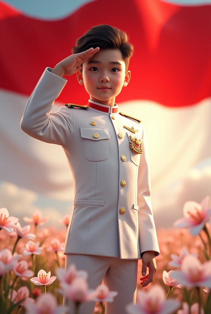 Draw a 3D character of a 10-year-old boy, Below there is Juan written in the banner, wearing a white uniform with a red and white badge in the background, with a salute pose like a hero, Behind it there is a red and white flag in the form of a splash. Add the Garuda of indonesian symbol and flowers around him, realistic, HD
