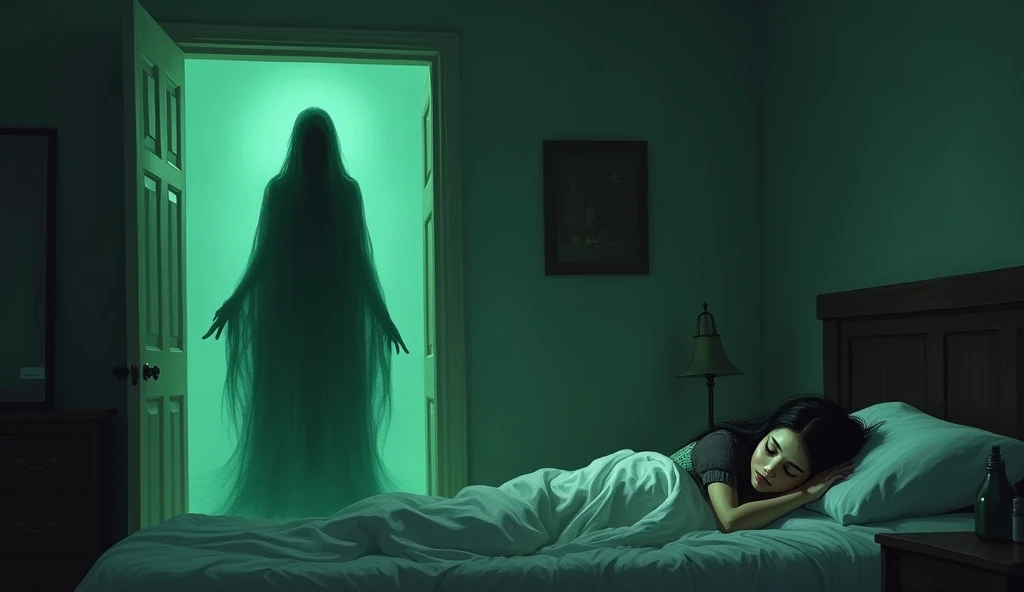 4.  A green, ghostly shadow stands menacingly at the doorway of Kittu's(4 year girl) bedroom, watching over Sunaina as she lies next to her sleeping daughter. Kittu's face shows a subtle, sinister smile while Sunaina is unaware.
