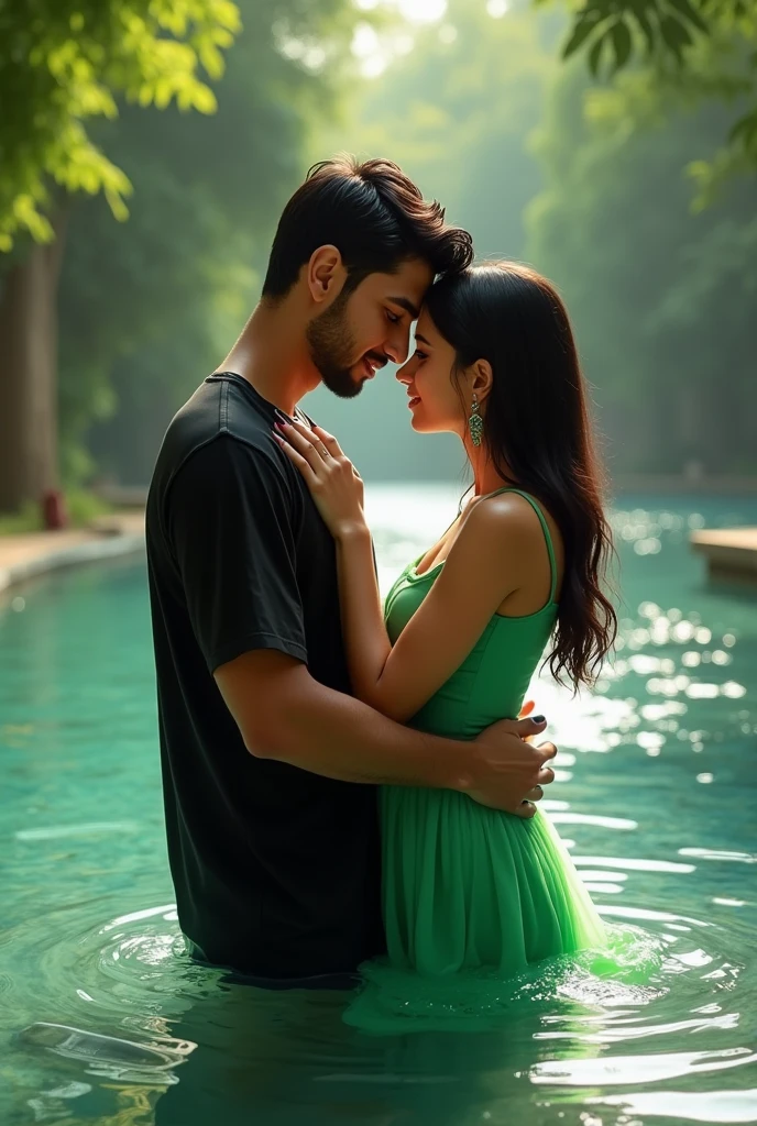 realistic indian 19 Year old cute boy lifting body and beutifull girl smile in chest to chest in Water with boy wearing black shirt on the river with sunday an water and a on girl wearing green lehenga with swimming pool background , in shirt written name “Raghav features, loveng mood, realistic