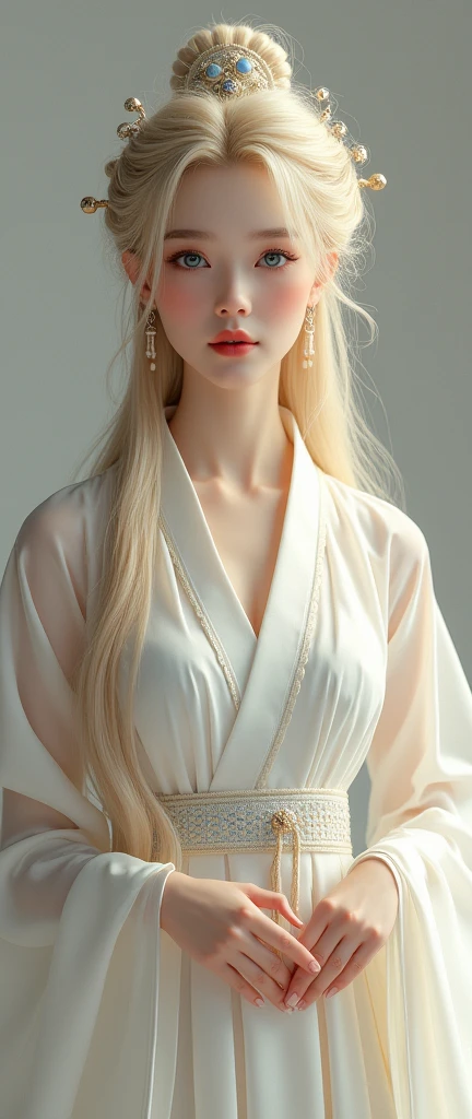 (masterpiece), High resolution hanfu woman, European and American face, Perfect Face, Long blonde hair, blue eyes, So adorable.