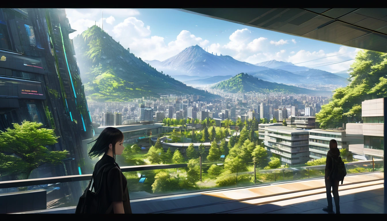 Veliky Ustyug city, cyberpunk, future, view from afar, trees in the background, mountain, 84k, hyper detail, soft lighting, summer, day, cgi, professional photo, high quality, hyperrealism, realistic, depth of field, clarity, beautiful view, digital art, hard focus, intricate details, vibrant details