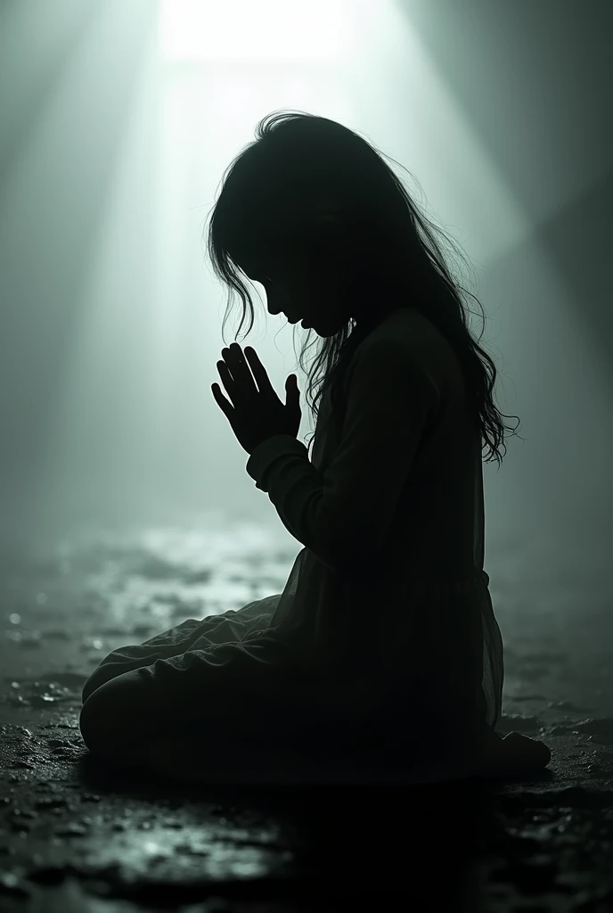 A black shadow image of a girl praying for help 