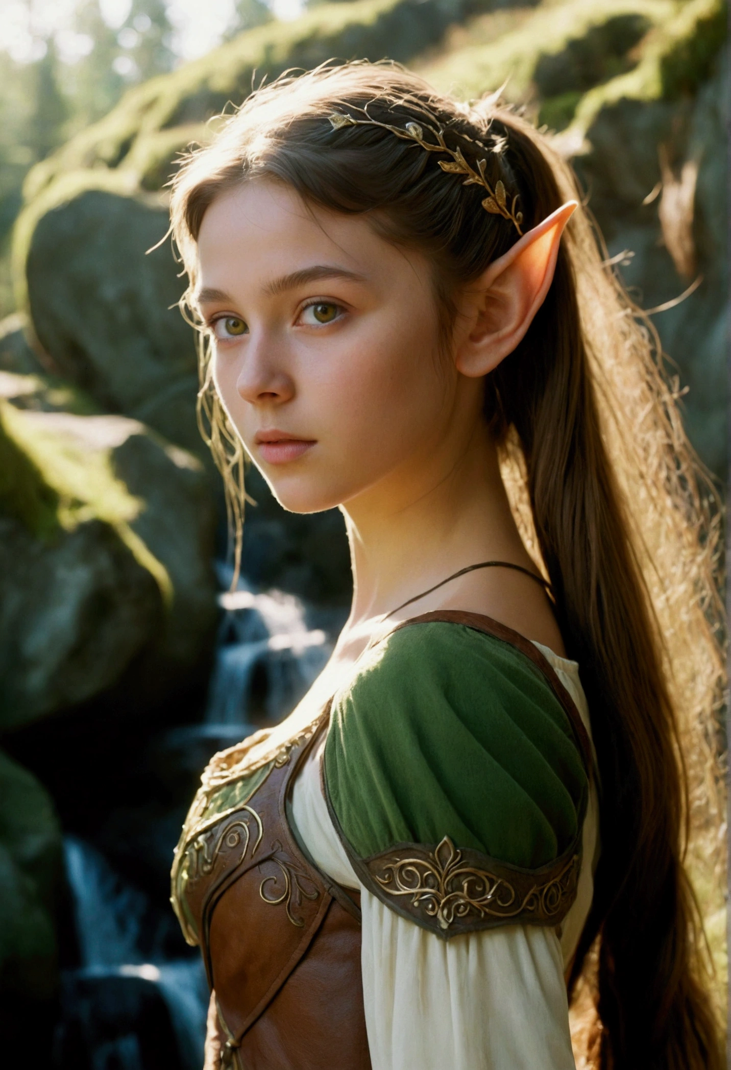 analog film photo, photo of a young elven girl, 18 years old, elf ears, amber eyes, brunette ponytail with shaggy bangs, sun-tanned complexion, olive skintone, slender hourglass figure, narrow waist, full hips, plump buttocks, wearing elven lingerie, resembles Mackenzie Foy, strolling through a fantasy landscape, RAW Photograph, dslr, soft lighting, high quality, film grain, Fujifilm XT3, detailed skin with visible pores, insane details, masterpiece, 8k, 35mm photograph, dslr, kodachrome, faded film, desaturated, grainy, vintage, Lomography, stained, highly detailed, found footage, close-up shot, elven ears