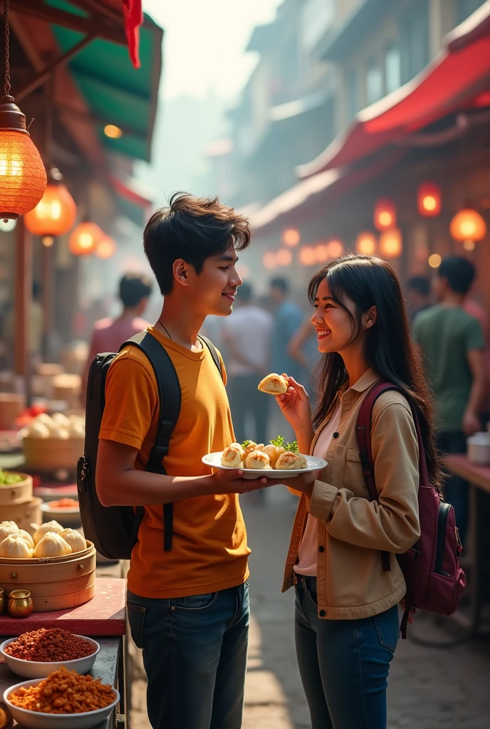 A couple in a street food area eating momos standing