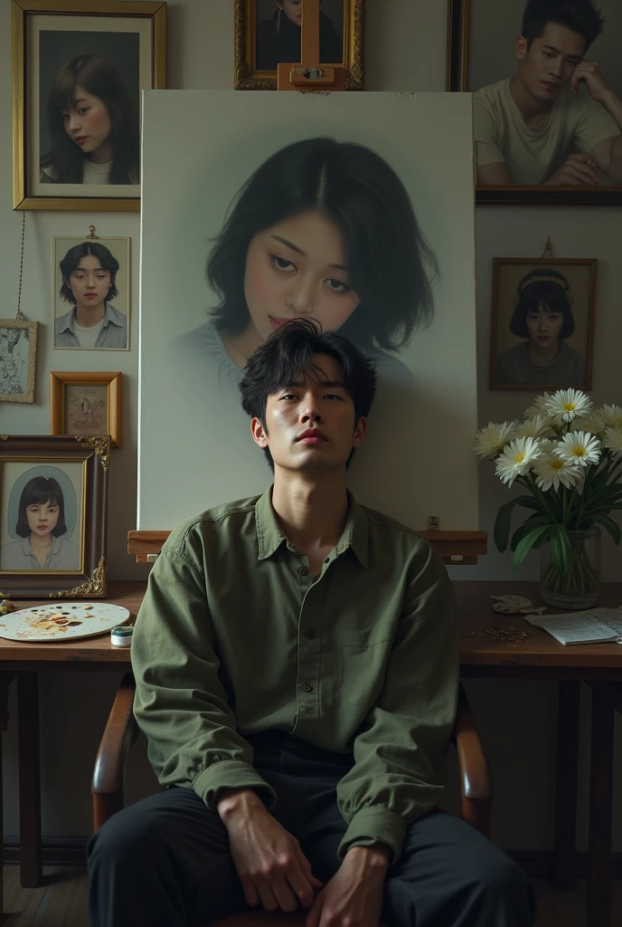 Photorealism. A man sit and craying in black with photos in his hand. Behind him is easle and unfinished painting of woman. And there is wall full of painting and photos of girl and both of them. There a long table behind the easel with dry pallet on it. And a flowers of white chrysanthemum also on table and some art things mess on table too. We can see his face full of tears. His face handsome like korean idol but mess because crying. His poses little bit to side and tittle bit bend down when he sit on chair. His elbows on his thighs