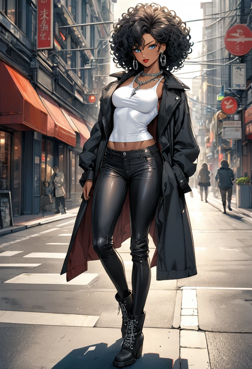 (((Masterpiece, hiquality, absurdress), 1Woman, black hair, curly hair, Afro-curly hair, blue eyes, a perfect face, the perfect body, medium breastes, sports body, short stature, (((very dark skin))), solo, Detailed eyes and face, makeup, ((red-lips:1.3)), earings, ear piercings, black jacket, white crop tank top, breeches, black boots, Clavicles only, chain necklace, city street background, by Amano Akira, ((full body:1.5))