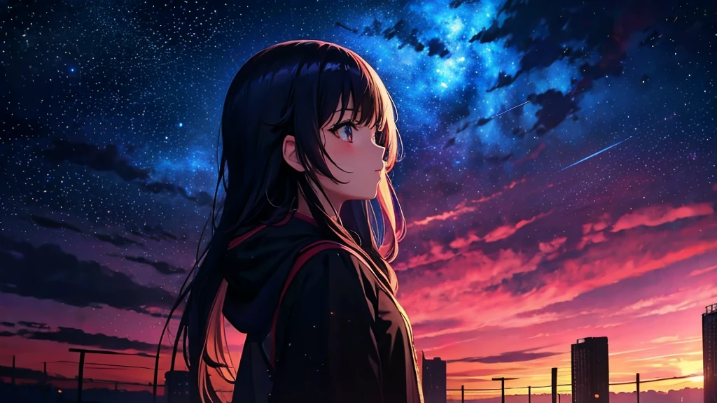 Anime girl looking at the stars in the sky, girl looks at the space, anime girl with cosmic hair, girl in space, Star(skyporn) starrysky_skyporn, on a galaxy looking background, in a space starry, near a galaxy, Anime art wallpaper 8k, shooting star in background, stars on sky, Anime Girl with Long Hair, Space sky