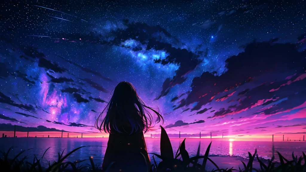 Anime girl looking at the stars in the sky, girl looks at the space, anime girl with cosmic hair, girl in space, Star(skyporn) starrysky_skyporn, on a galaxy looking background, in a space starry, near a galaxy, Anime art wallpaper 8k, shooting star in background, stars on sky, Anime Girl with Long Hair, Space sky