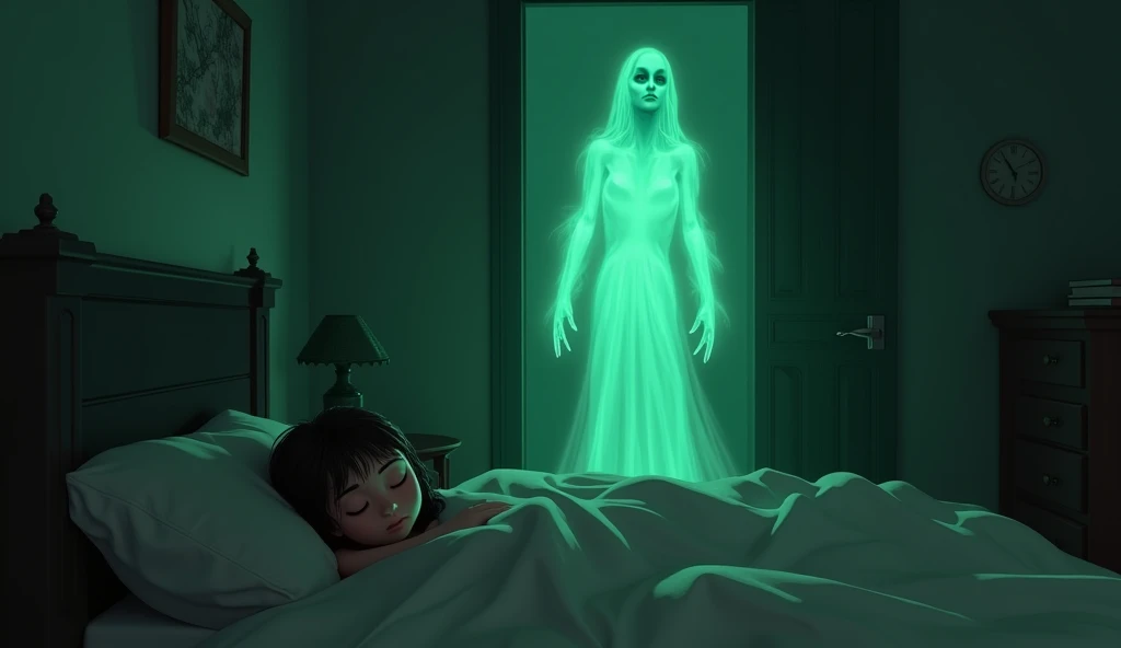 4.  A green, ghostly shadow stands menacingly at the doorway of Kittu's(4 year girl) bedroom, watching over Sunaina as she lies next to her sleeping daughter. Kittu's face shows a subtle, sinister smile while Sunaina is unaware.
