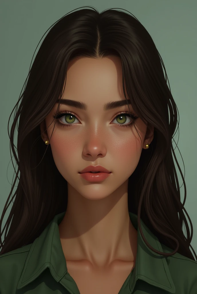 25 year old girl, Her long hair is dark brown and her eyes are green, Her skin is brown, wide square face, His expression is serious and cold, His clothes are in shades of green and brown. front view