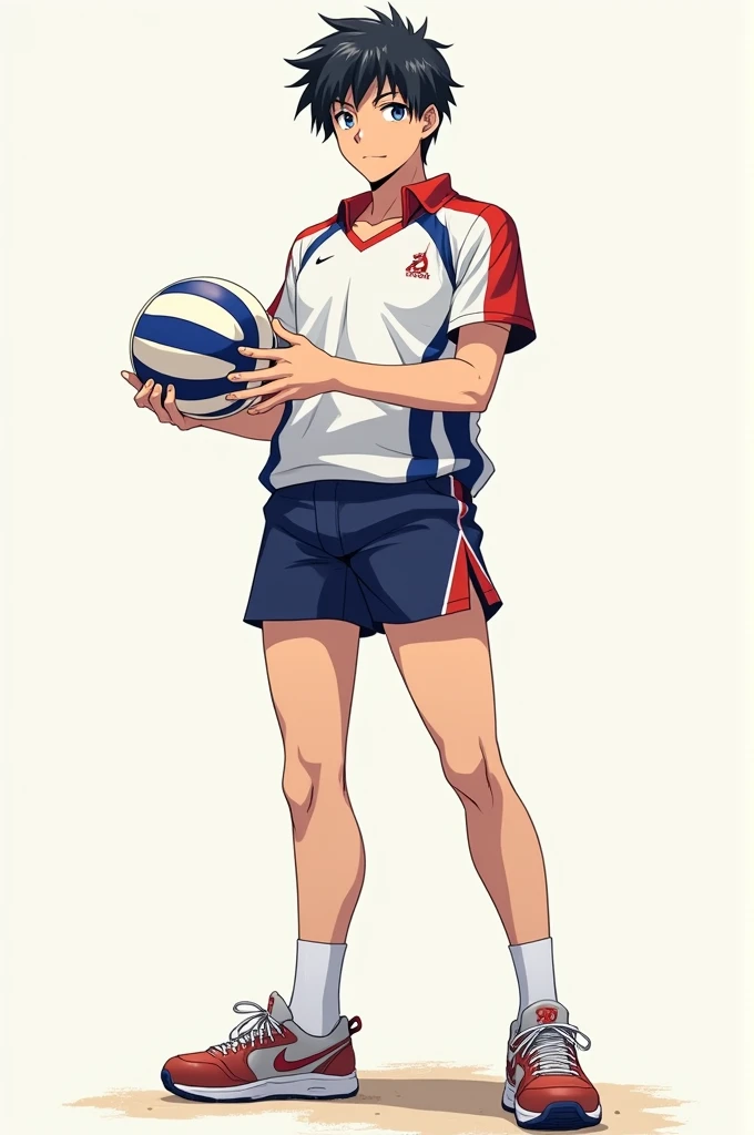 Tall anime high school student with black hair and gray eyes with a bit of gray in a volleyball uniform and with a ball in his hands, skinny but muscular and tall