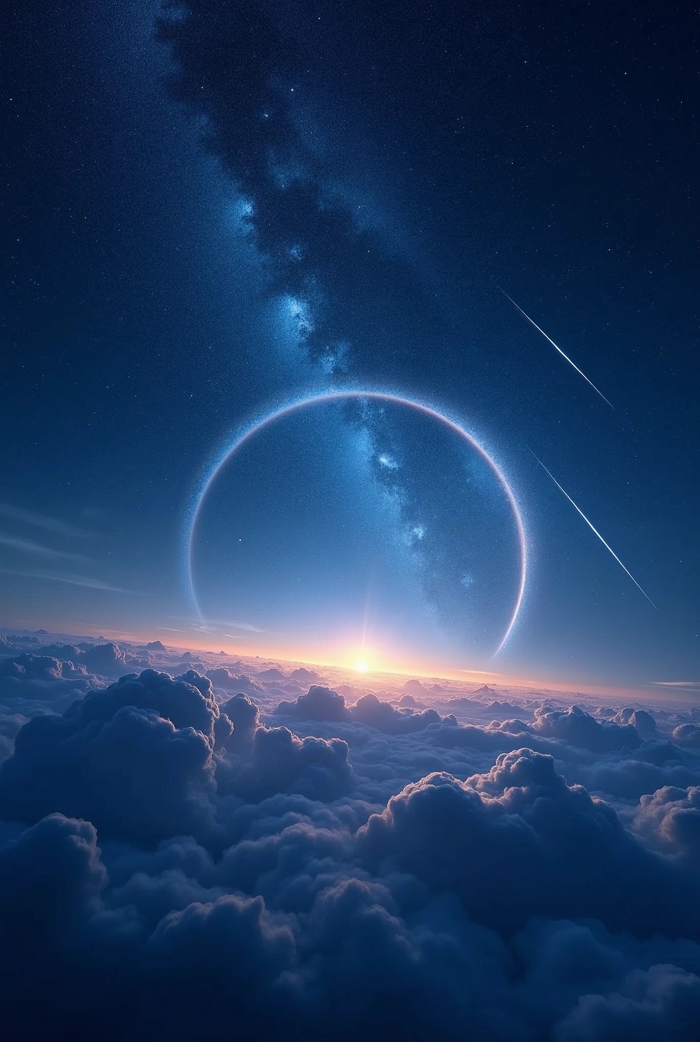 "A vast night sky filled with countless stars, some of them shining brightly with a soft, ethereal glow. Shooting stars streak across the sky, leaving behind trails of shimmering light. In the distance, a faint rainbow arc spans the horizon, blending into the deep blue of space, with hints of nebulae and galaxies in the background 8k Ultra HD、Ultra-precision