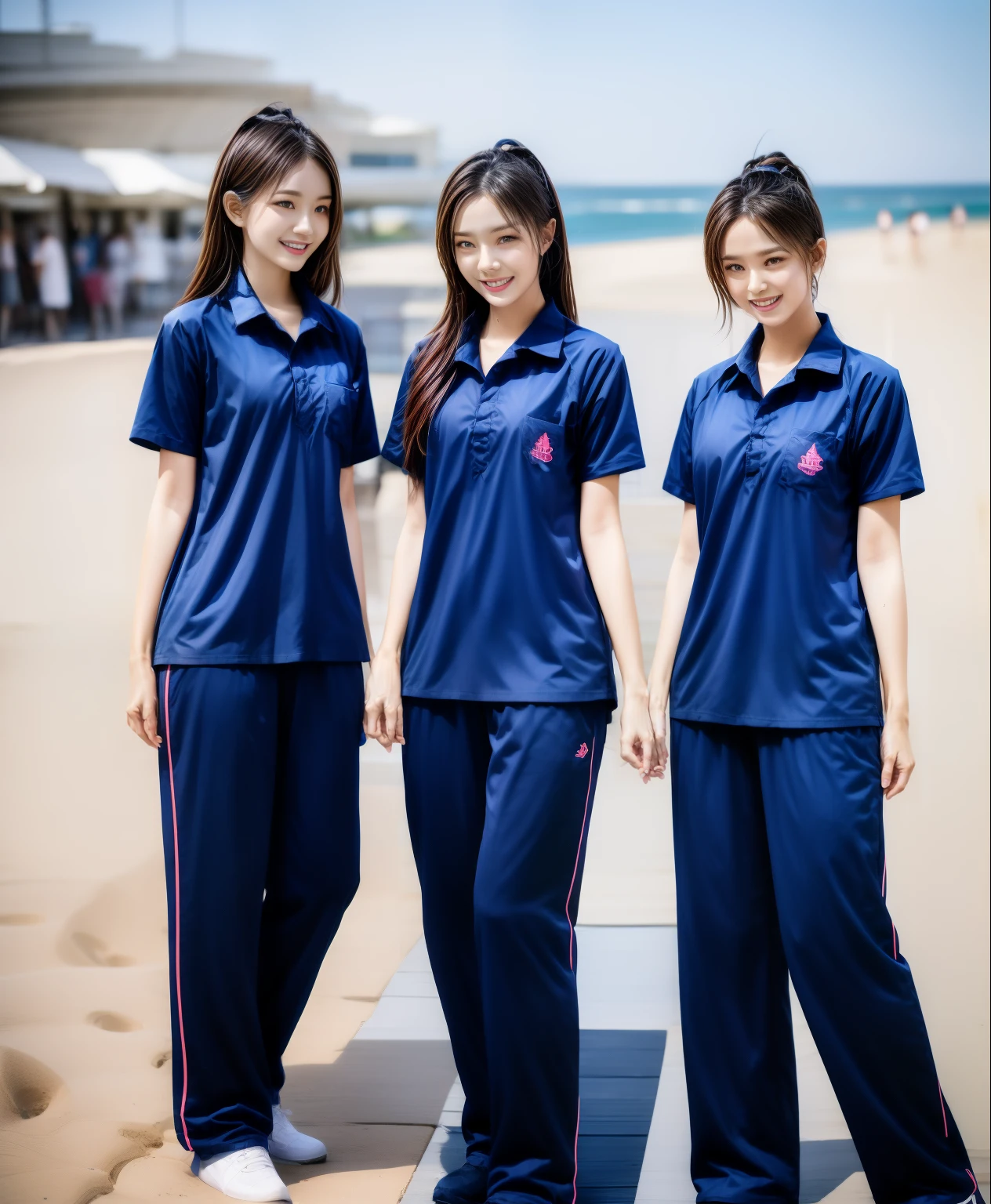 3 girls on beach, Navy blue short-sleeved shirt,Navy Long Trackpant,Sweatpants, Sweatpantsขายาว,25 year old girl, lesbian, sexy, exercise clothes, wet body, exercise clothes