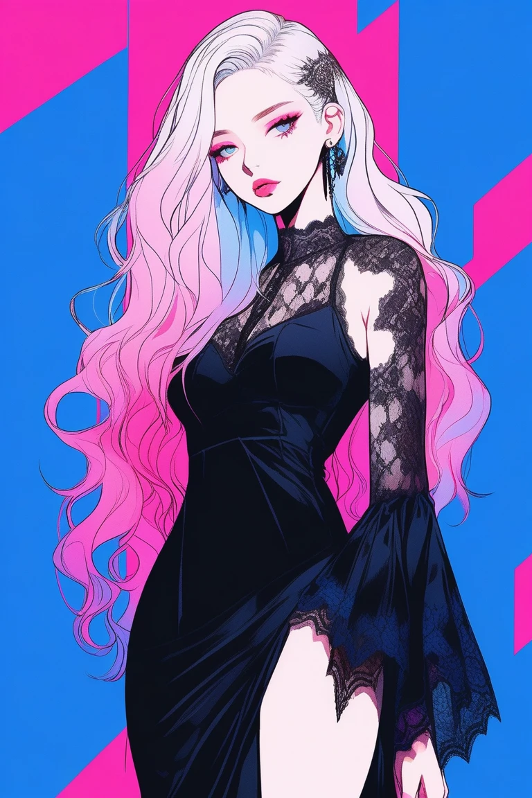 Illustrator, anime , Realistic ,sketch , 1 person, model, lip, A sheer gothic black dress with lace., order, Blue and pink gradient background, Neon colored hair, Upper Body, Sexy pose, Texture Trim, Russia, (masterpiece,Highest quality)