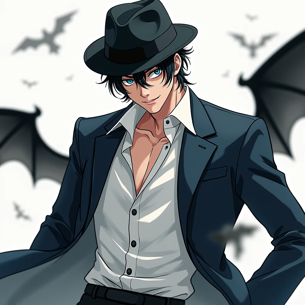 ((illustration)), (best quality)), ((masterpiece)), (detailed), adult, 1male, black hair, suit, fedora, solo, 1boy, smiling, crazy look, shirt: 2, anime, horror,