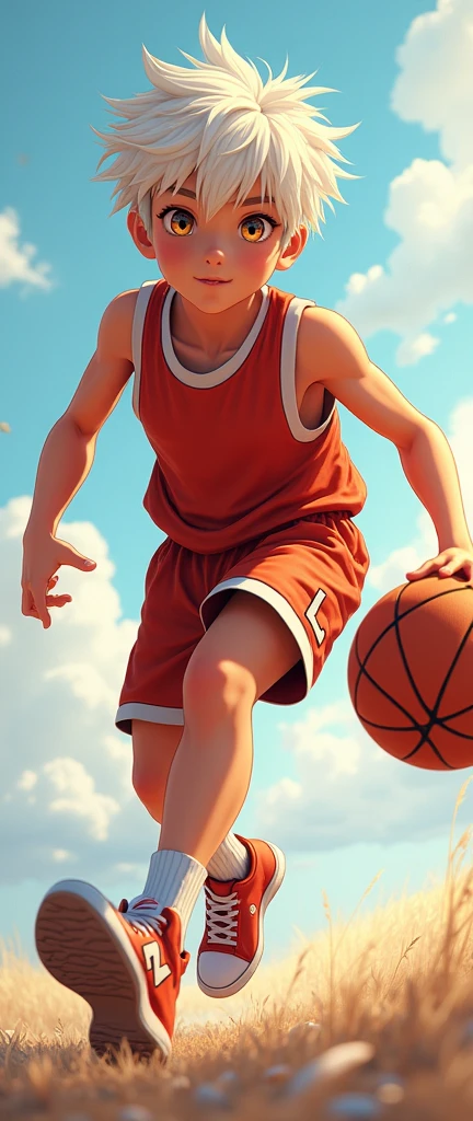 masterpiece, Anime CG, boy, Short white spiky hair, Tan Skin, muscle, sports , Wearing a basketball uniform, Smooth texture, Silk texture , Golden Eyes, Perfect Eyes  