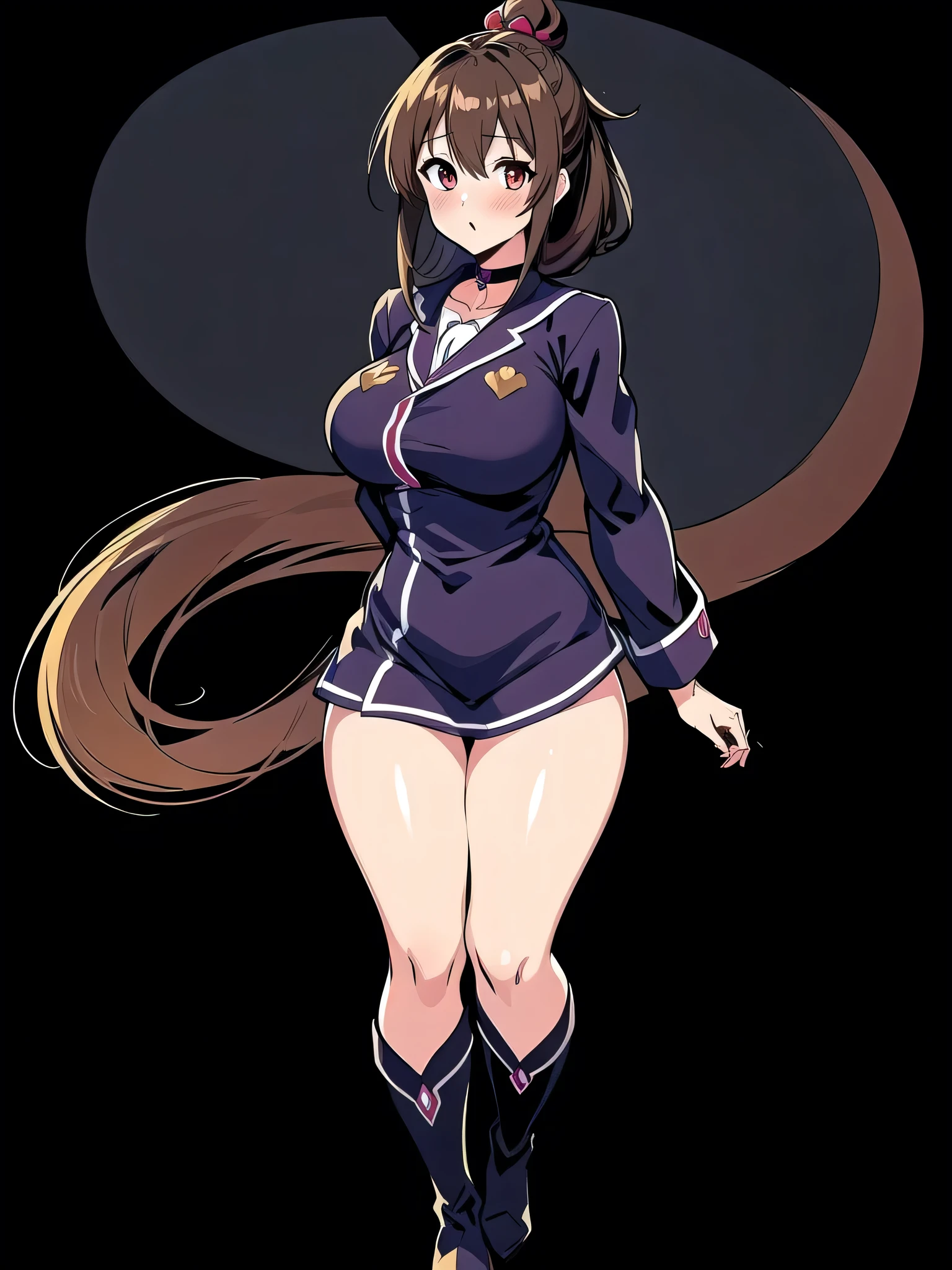 all intricate details, full body, a female anime anime character with large expressive eyes and black hair in a dark purple outfit, 1girl view, solo, virtual youtuber, ahoge, green eye, heterochromia, brown eye, open mouth, white background, breasts, simple background, braid, brown hair, upper body, hair ornament, looking at viewer, symbol-shaped pupils, star (symbol), blush, (wiz konosuba outfit),Wiz, brown hair, golden eyes, lich robes, purple lich robes, boots, hair over eye