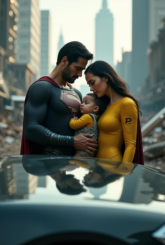 A dark screen, but reflected in the car is a superhero, injured, wearing a black suit with a white 'S' on his chest. He's with his husband, a superhero in a yellow suit with a 'P' on his chest, and their baby in a destroyed futuristic city.