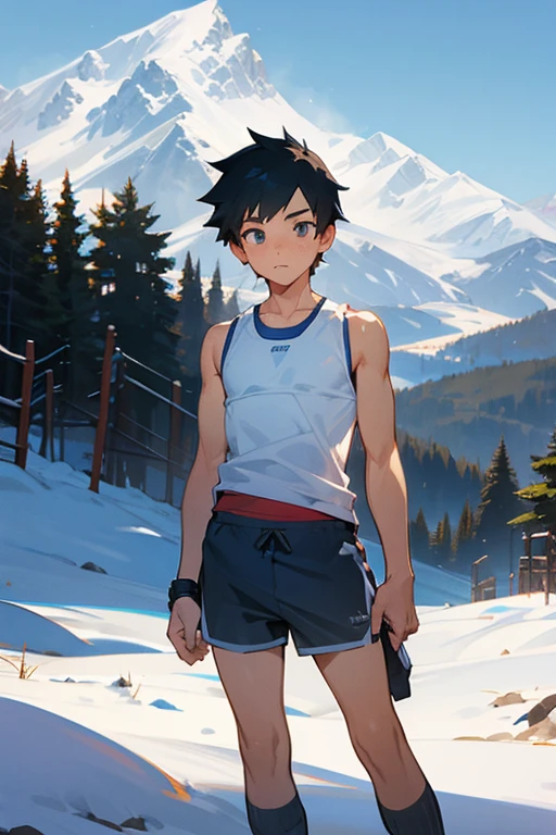 Snowy mountain, blizzard, tight tank top, shorts, elementary school boy