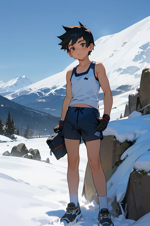 Snowy mountain, blizzard, tight tank top, shorts, elementary school boy