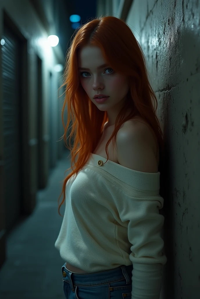 (((HD photo))), ultra high res.photorealistic:. 1.4, UHD, masterpiece, trending on art station, full body shot, 1girl, pretty, cute face, ((detailed face, detailed eyes, beautiful in the world, soft, delicate, (long red hair), large sagging breasts, slim waist, (wearing buttoned sweater, blue jeans:1.2), hires textures, intricate details), sunkissed, alley at night, dark alley, midnight, alone, scared, white loose sweater, buttoned sweater,(( very dark )), back against the wall, front view