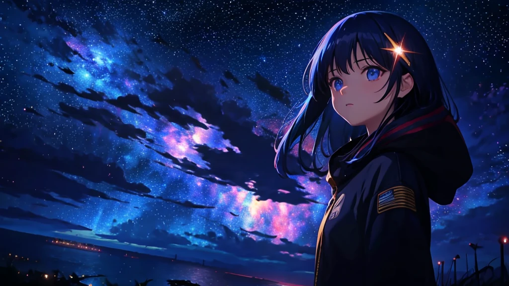 Anime girl looking at the stars in the sky, girl looks at the space, anime girl with cosmic hair, girl in space, Star(skyporn) starrysky_skyporn, on a galaxy looking background, in a space starry, near a galaxy, Anime art wallpaper 8k, shooting star in background, stars on sky, Anime Girl with Long Hair, Space sky
