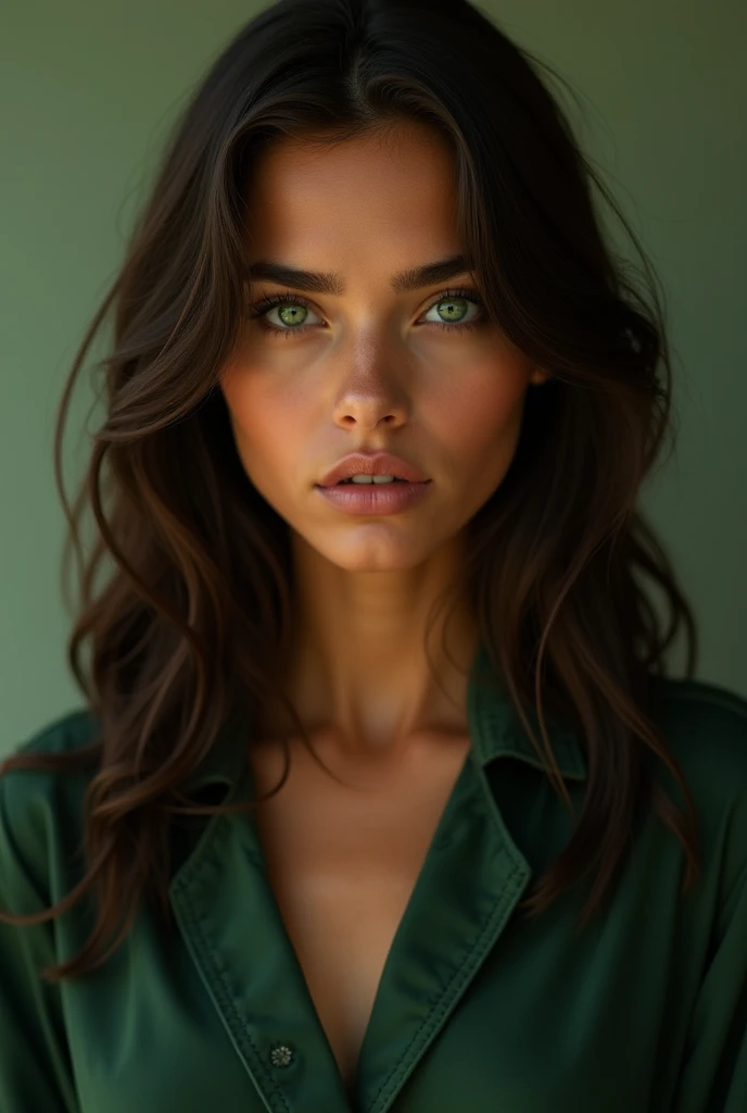 25 year old girl, Her long hair is dark brown and her eyes are green, Her skin is brown, wide square face, His expression is serious and cold, His clothes are in shades of green and brown. front view