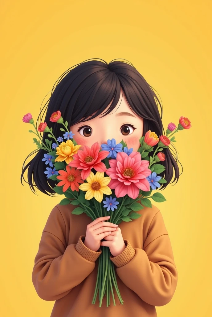 A cartoon girl coverd face with a flower bouquet and wearing brown colour jursey .background yellow colour