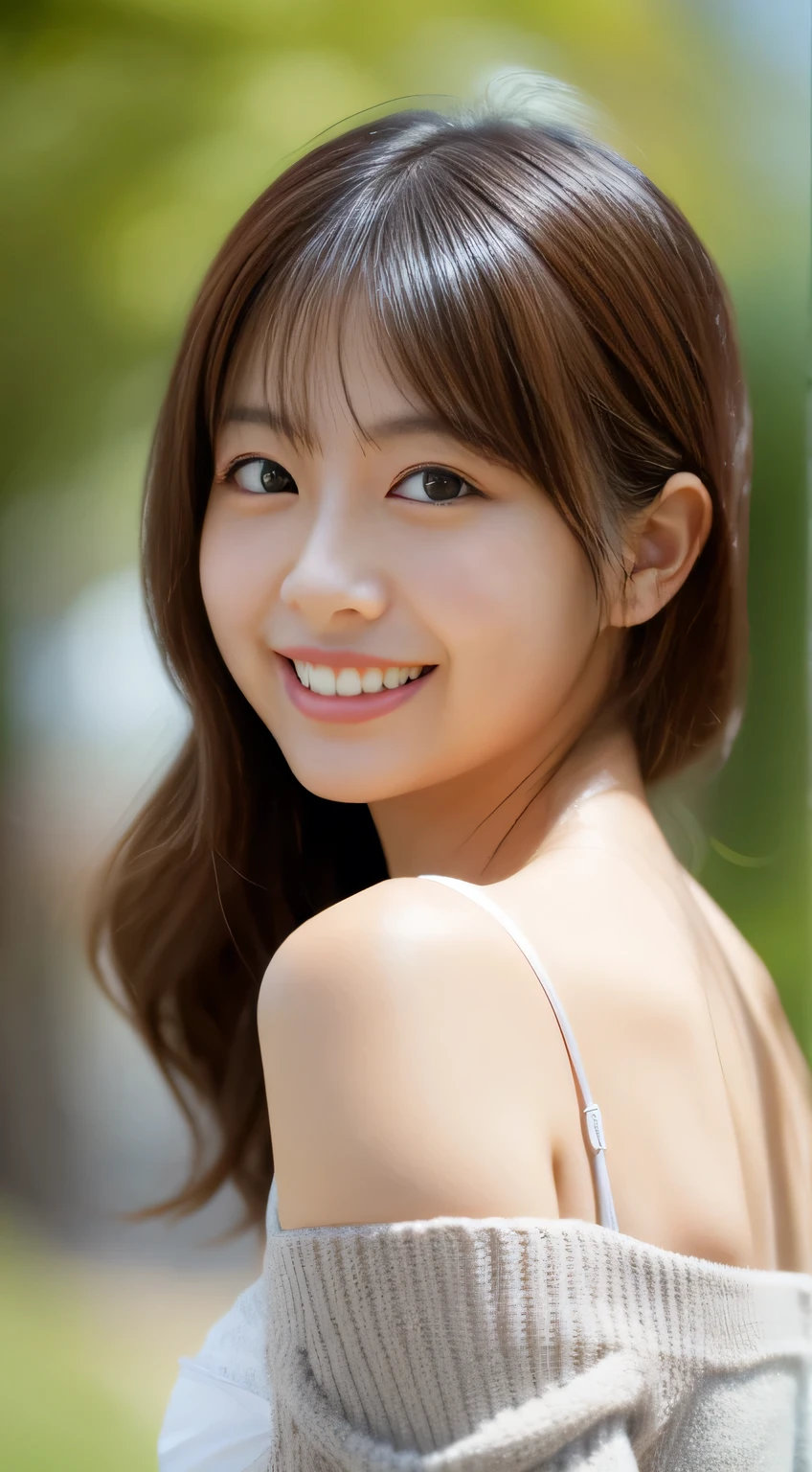 masterpiece,best quality,(Japanese girl),((Beautiful girl)),cleavage,(off shoulder:1.2),(perfect body beauty:1.2),(shy smile),beautiful teeth,From slightly above
