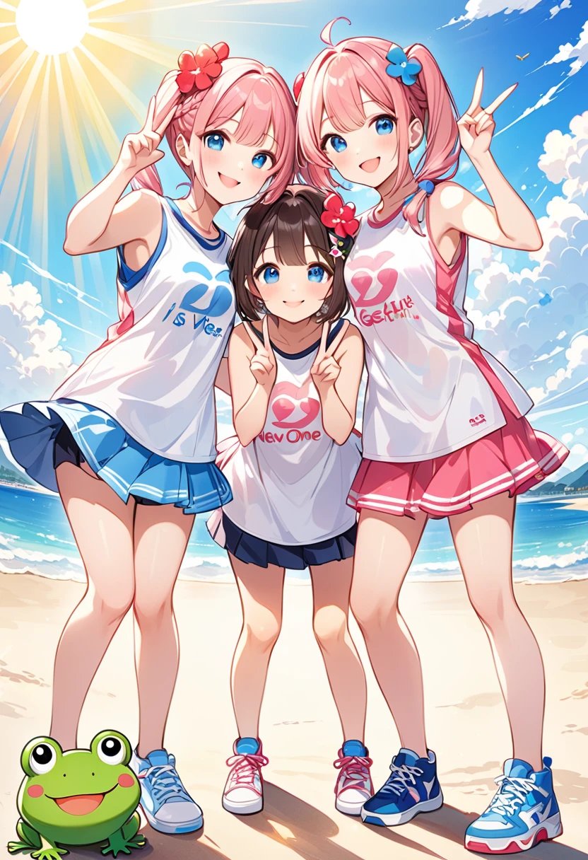 Highest quality、High resolution、Detailed Background、Beautiful face in every detail、Anatomically correct、Detailed facial expressions、fine grain、((full body, from below:1.2,  looking viewer:1.2)), break　((One Girl:1.2)、((Chibi Girl:1.2)))、Bright pretty hair color、Big beautiful blue eyes、Fuller lips、Pink Lips、Braided twintails、Ahoge、((New carの前で記念撮影:1.5)、Several sisters huddle together in the center.:1.2)、(Cute sleeveless T-shirt、Cute Skirt、Cute sneakers、Cute hair accessories)、break　((V sign、Cheerful pose:1.2、Smiling for a commemorative photo、They are sisters and get along well.))、((The background is a calm beach.、New car、Midsummer sun and clouds、Pleasant breeze、Strong sunlight))、(The frog is jumping:1.2)