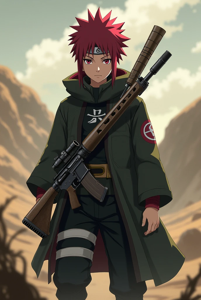 Gaara with a rifle and a pistol on his waist