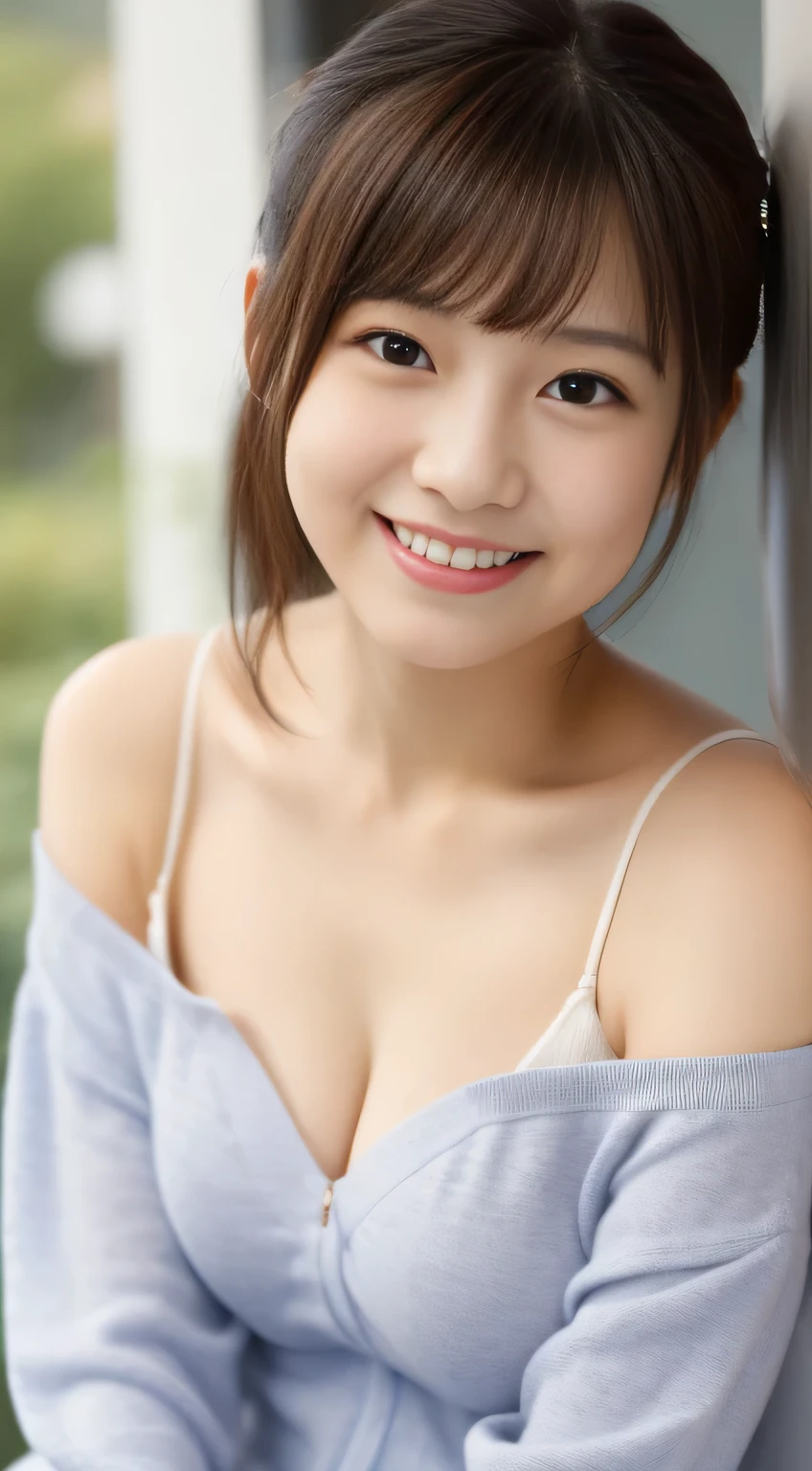 masterpiece,best quality,(Japanese girl),((Beautiful girl)),cleavage,(off shoulder:1.2),(perfect body beauty:1.2),(shy smile),beautiful teeth,From slightly above
