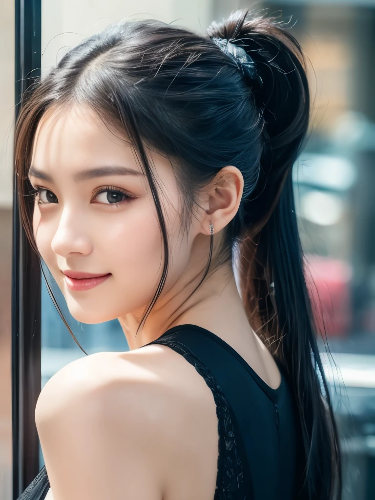 Delicate depiction,delicate beauty, Black Hair, woman, Tie your hair into a ponytail,Smile, Supple ponytail, High-quality images, 8k Raw Photo:1.5, masterpiece, beautiful girl,Soft skin texture,Soft and attractive lips, At the cafe,