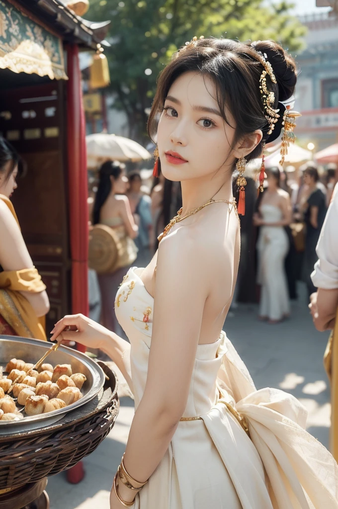 (((best quality))),(((ultra detailed))),(((masterpiece))),illustration,
((1 beautiful young girl,solo)),(bun hair:1.2)((slim,thin)),((small breasts,flat chest)),attractive, traditional Chinese attire,(Gorgeous and intricate headdress:1.3),((earrings,intricate necklace)),(strapless Exquisite embroidered maxi sleeveless sparkled dress:1.3),(standing:1.3),vibrant patterns, radiant complexion, joyful expression,(temple fair:1.3), bustling atmosphere, summer afternoon, sunny weather, cultural festival, street food, roasted skewers, steaming dumplings, sweet cotton candy, stalls, crafts, clothing, appreciative onlookers, sunset, ancient tradition, modern beauty, captivating scene, enchanting,(day scene:1.2),(surrounded by crowded crowds:1.3),((from back,upper body))