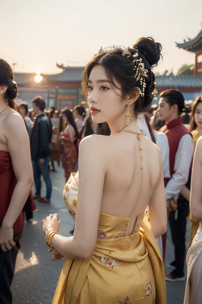 (((best quality))),(((ultra detailed))),(((masterpiece))),illustration,
((1 beautiful young girl,solo)),(bun hair:1.2)((slim,thin)),((small breasts,flat chest)),attractive, traditional Chinese attire,(Gorgeous and intricate headdress:1.3),((earrings,intricate necklace)),(strapless Exquisite embroidered maxi sleeveless sparkled dress:1.3),(standing:1.3),vibrant patterns, radiant complexion, joyful expression,(temple fair:1.3), bustling atmosphere, summer afternoon, sunny weather, cultural festival, street food, roasted skewers, steaming dumplings, sweet cotton candy, stalls, crafts, clothing, appreciative onlookers, sunset, ancient tradition, modern beauty, captivating scene, enchanting,(day scene:1.2),(surrounded by crowded crowds:1.3),((from back,upper body))
