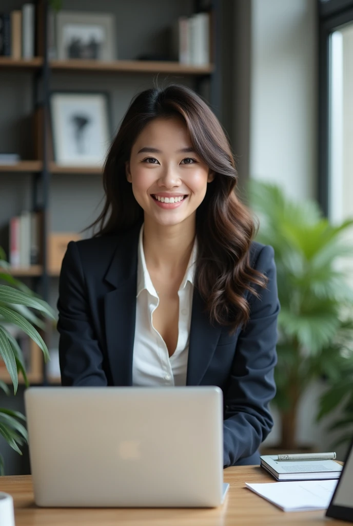 Create an image of an 18-year-old Asian businesswoman standing and working on a MacBook. She is smiling with a cute and charming face. The image is full-body, with a slightly revealing outfit, showcasing a youthful and modern appearance.