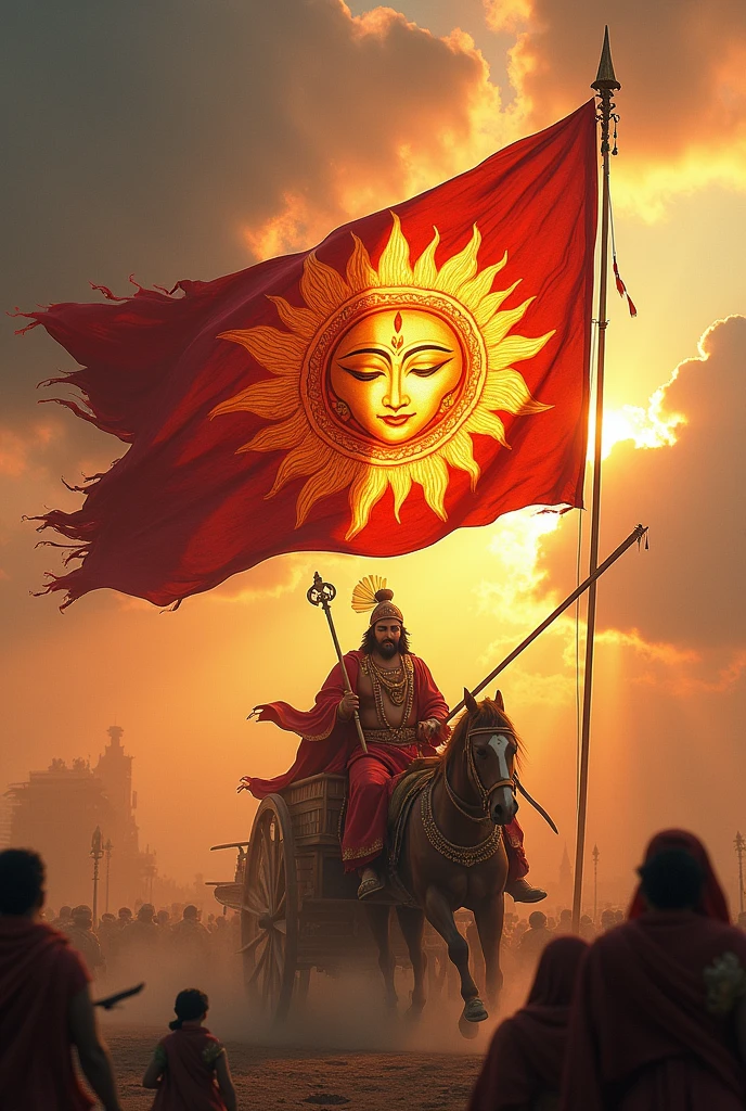 A blend of fierce "Sun God" and meditating "Hanuman God" imbibed in a flag attached to Krishna's Chariot in the backdrop of Mahabharata