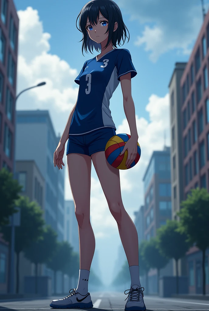 Tall anime high school student with black hair and blue eyes with a bit of gray in a volleyball uniform and with a ball in his hands, skinny but muscular and tall on the street cloudy weather